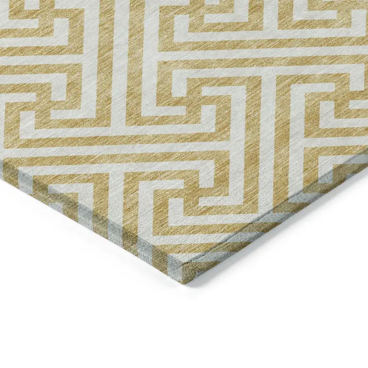 10' X 14' Gold And Ivory Geometric Washable Indoor Outdoor Area Rug