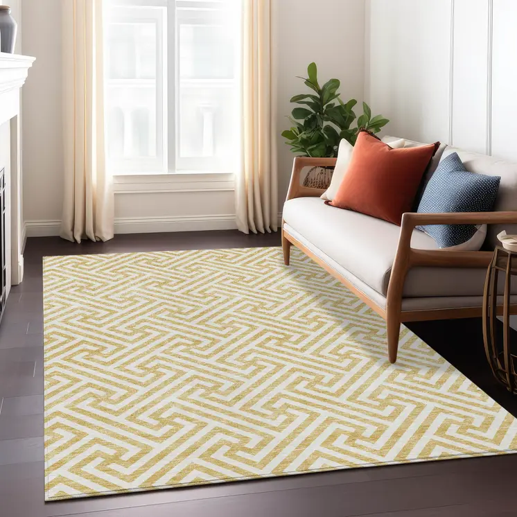 10' X 14' Gold And Ivory Geometric Washable Indoor Outdoor Area Rug