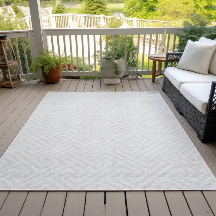 5' X 8' Ivory And Beige Geometric Washable Indoor Outdoor Area Rug