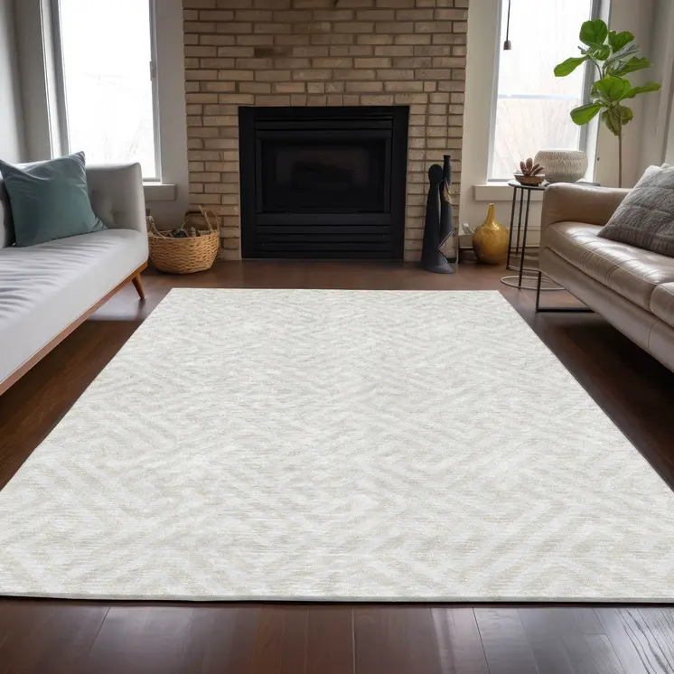 5' X 8' Ivory And Beige Geometric Washable Indoor Outdoor Area Rug