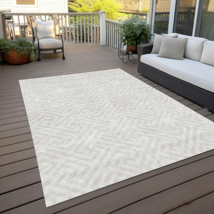 5' X 8' Ivory And Beige Geometric Washable Indoor Outdoor Area Rug
