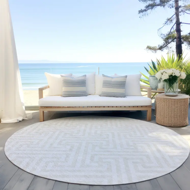 8' Ivory And Beige Round Geometric Washable Indoor Outdoor Area Rug