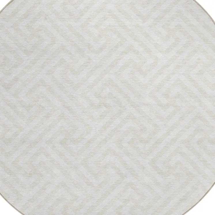 8' Ivory And Beige Round Geometric Washable Indoor Outdoor Area Rug