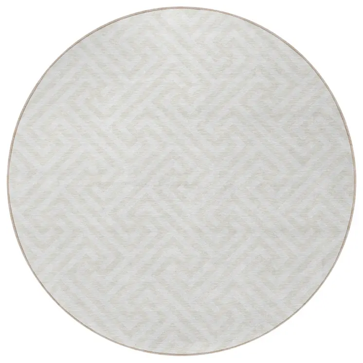 8' Ivory And Beige Round Geometric Washable Indoor Outdoor Area Rug