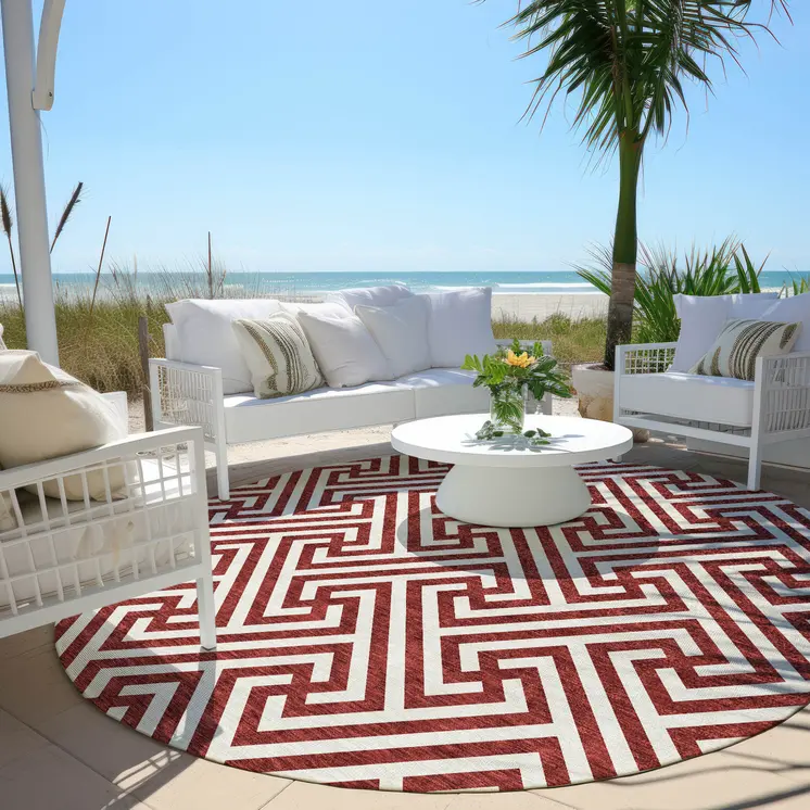 8' Merlot And Ivory Round Geometric Washable Indoor Outdoor Area Rug