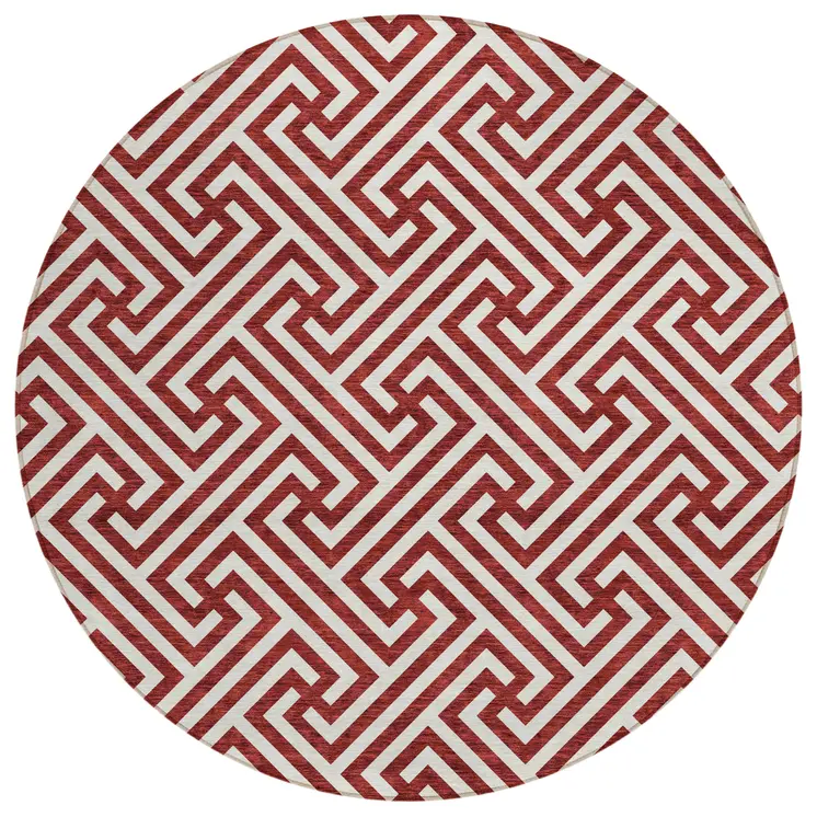 8' Merlot And Ivory Round Geometric Washable Indoor Outdoor Area Rug