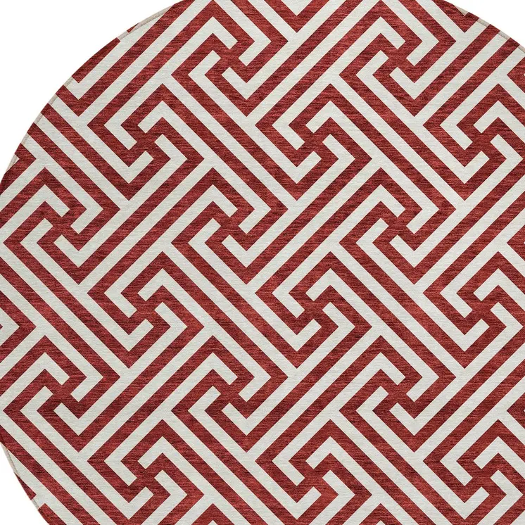 8' Merlot And Ivory Round Geometric Washable Indoor Outdoor Area Rug