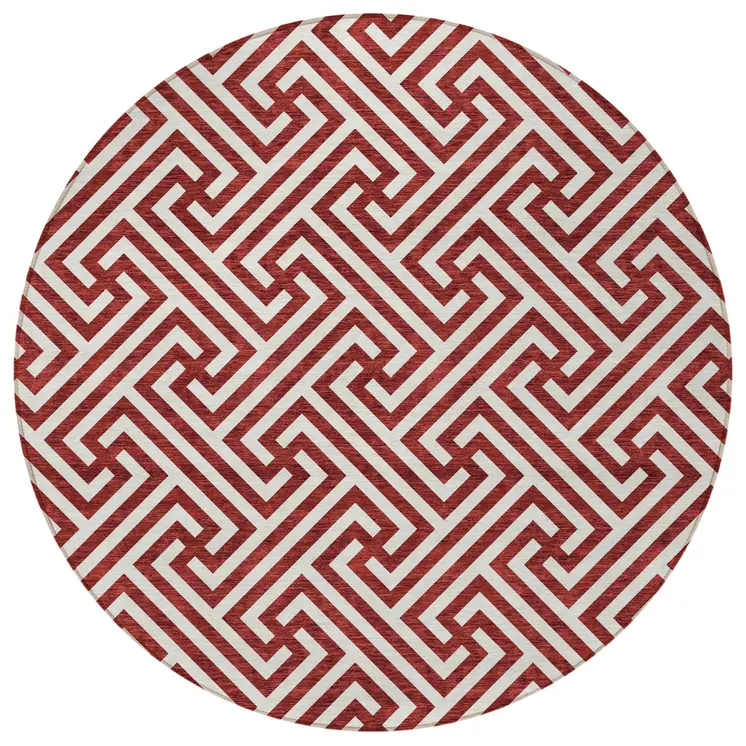 8' Merlot And Ivory Round Geometric Washable Indoor Outdoor Area Rug