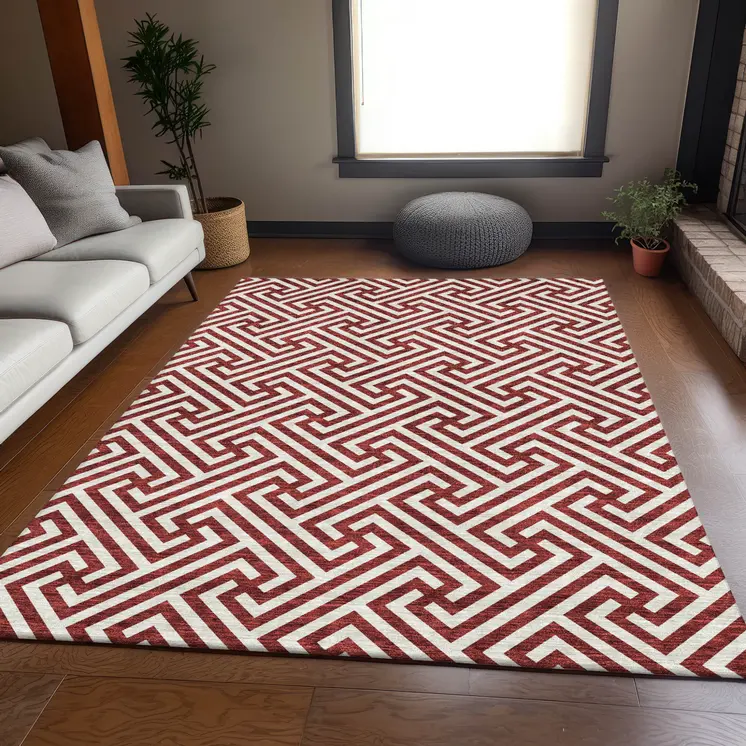 8' X 10' Merlot And Ivory Geometric Washable Indoor Outdoor Area Rug