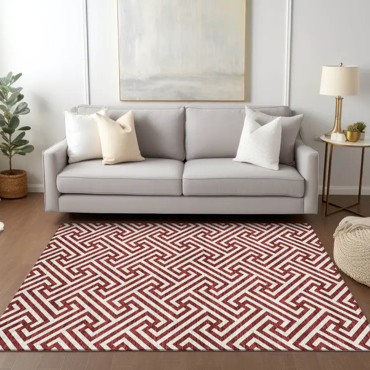 8' X 10' Merlot And Ivory Geometric Washable Indoor Outdoor Area Rug