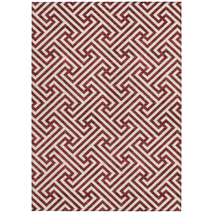 9' X 12' Merlot And Ivory Geometric Washable Indoor Outdoor Area Rug