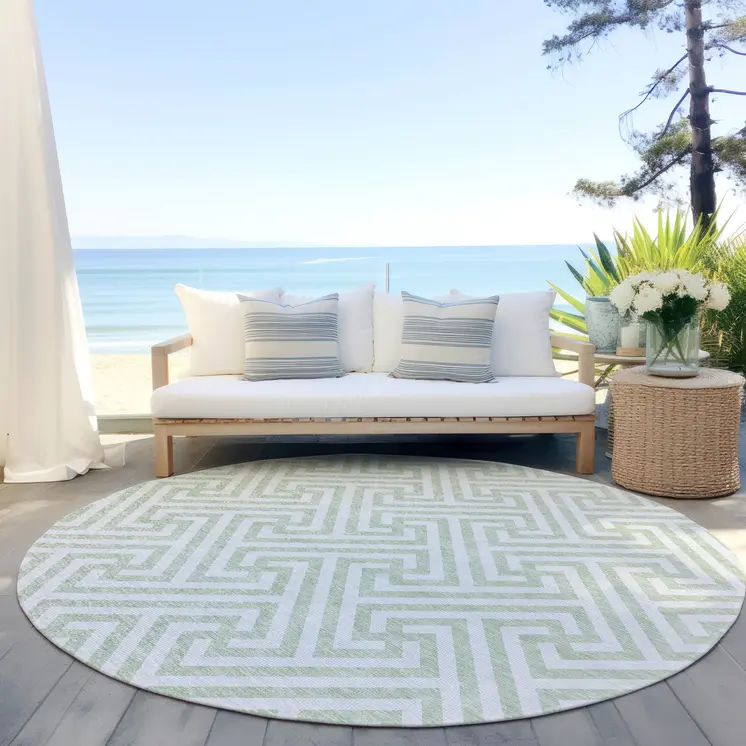 8' Mint Green Artichoke Green And Ivory Round Geometric Washable Indoor Outdoor Area Rug