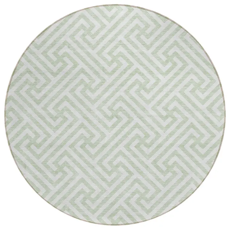 8' Mint Green Artichoke Green And Ivory Round Geometric Washable Indoor Outdoor Area Rug