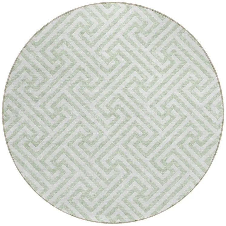 8' Mint Green Artichoke Green And Ivory Round Geometric Washable Indoor Outdoor Area Rug