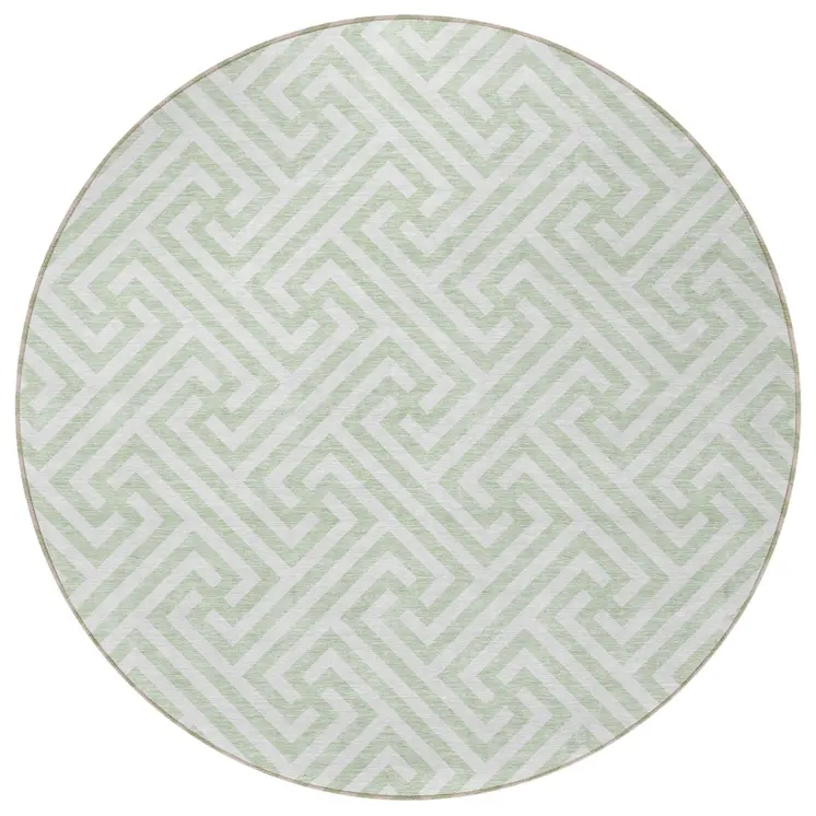 8' Mint Green Artichoke Green And Ivory Round Geometric Washable Indoor Outdoor Area Rug