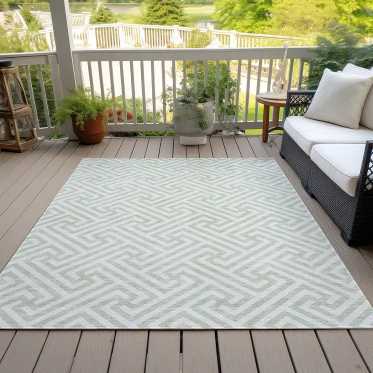 10' X 14' Mint Green Artichoke Green And Ivory Geometric Washable Indoor Outdoor Area Rug