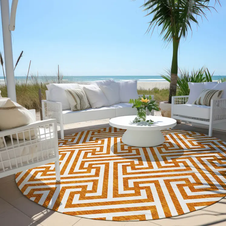 8' Orange And Ivory Round Geometric Washable Indoor Outdoor Area Rug