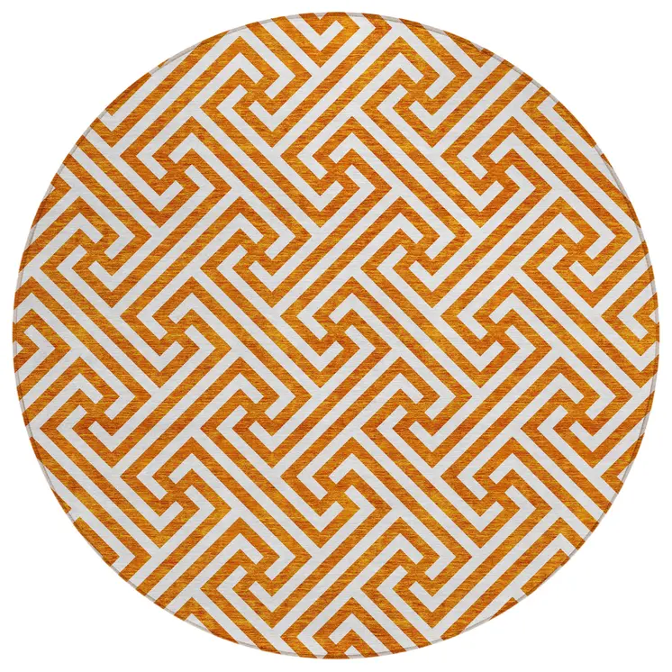 8' Orange And Ivory Round Geometric Washable Indoor Outdoor Area Rug