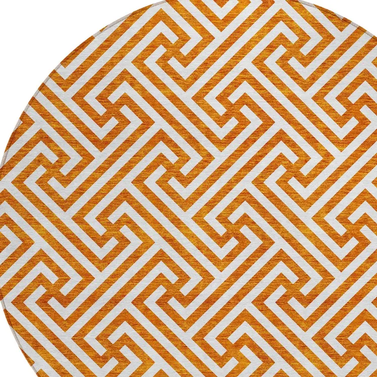 8' Orange And Ivory Round Geometric Washable Indoor Outdoor Area Rug