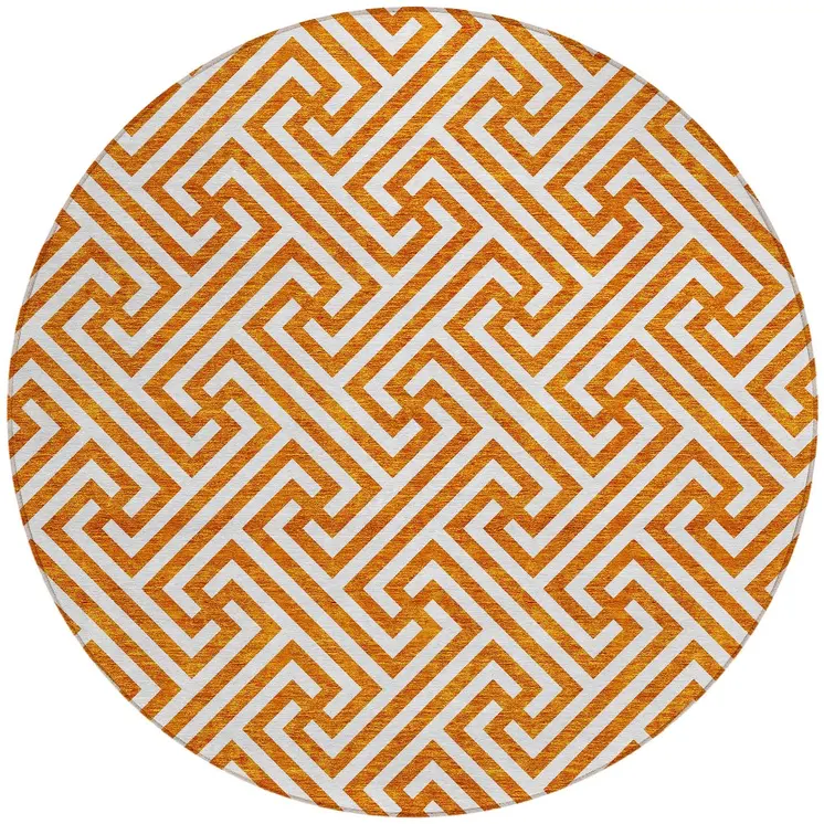 8' Orange And Ivory Round Geometric Washable Indoor Outdoor Area Rug
