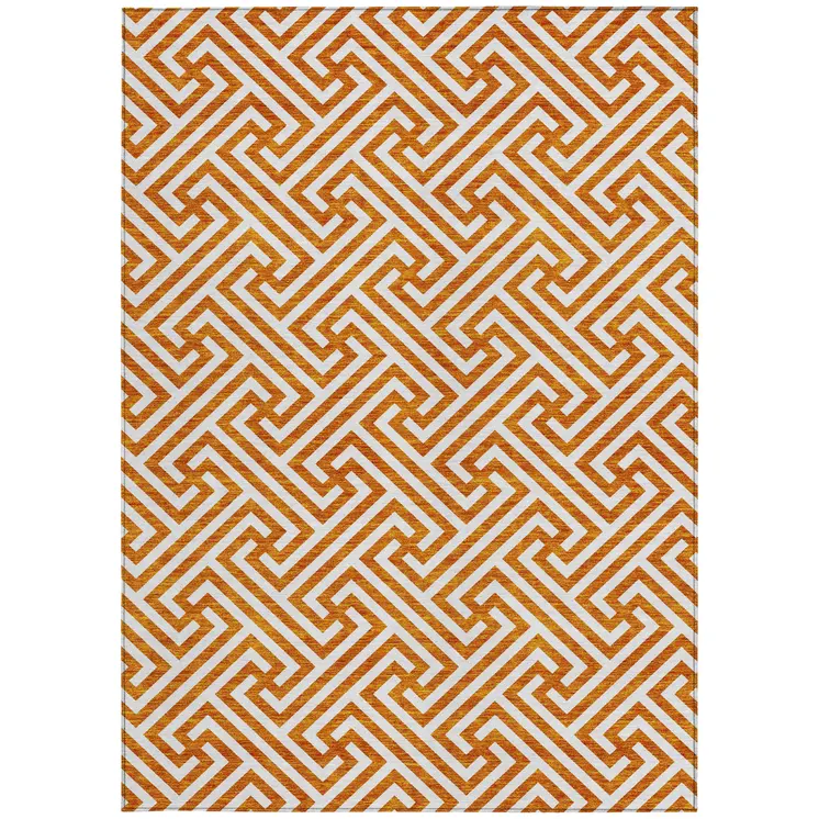 8' X 10' Orange And Ivory Geometric Washable Indoor Outdoor Area Rug