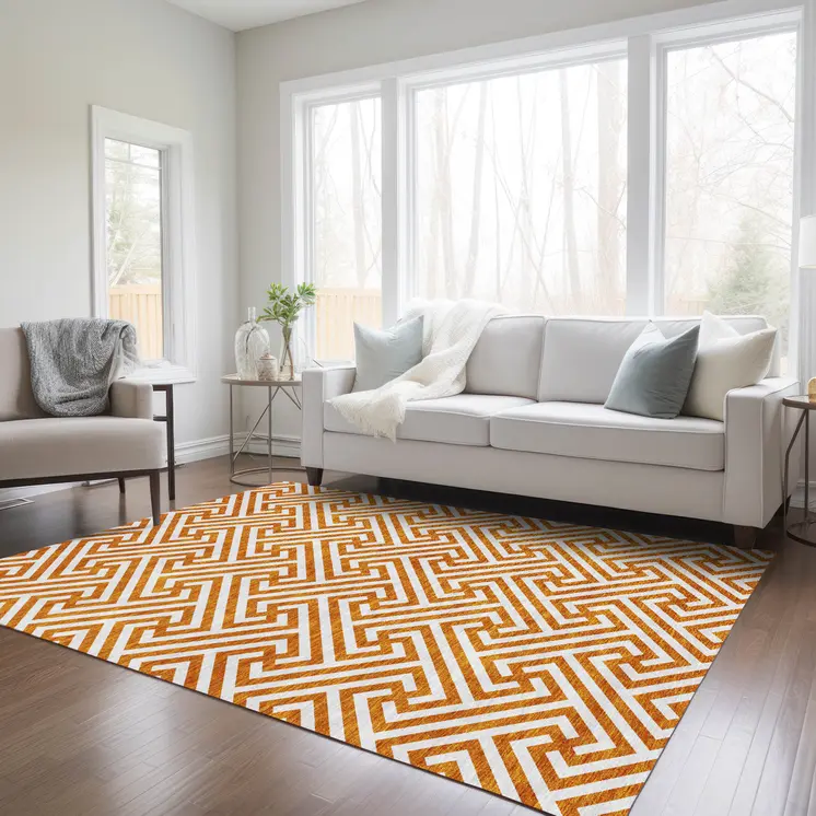 8' X 10' Orange And Ivory Geometric Washable Indoor Outdoor Area Rug