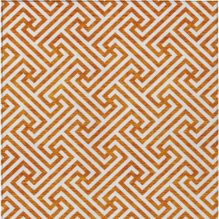 9' X 12' Orange And Ivory Geometric Washable Indoor Outdoor Area Rug