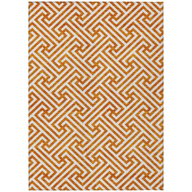 9' X 12' Orange And Ivory Geometric Washable Indoor Outdoor Area Rug