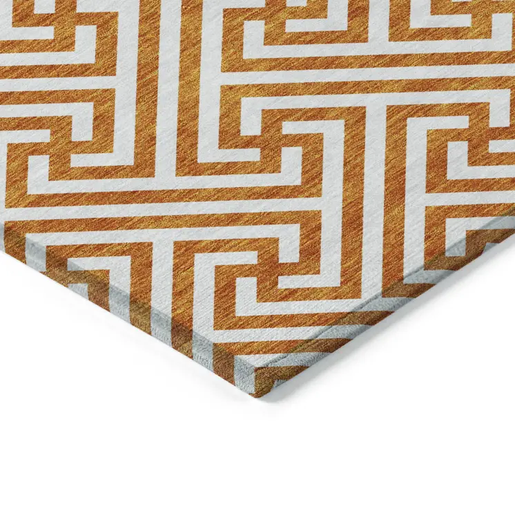 9' X 12' Orange And Ivory Geometric Washable Indoor Outdoor Area Rug
