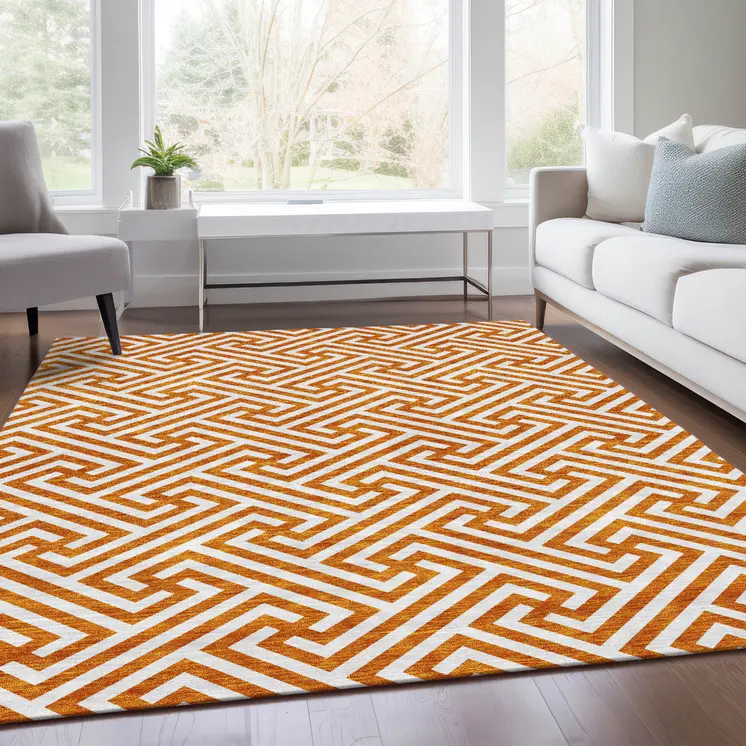 9' X 12' Orange And Ivory Geometric Washable Indoor Outdoor Area Rug