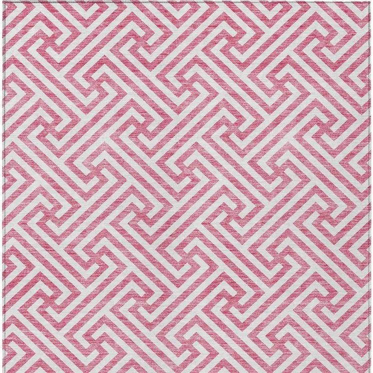 3' X 5' Pink And Ivory Geometric Washable Indoor Outdoor Area Rug
