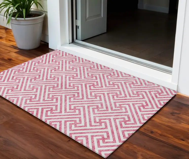 3' X 5' Pink And Ivory Geometric Washable Indoor Outdoor Area Rug