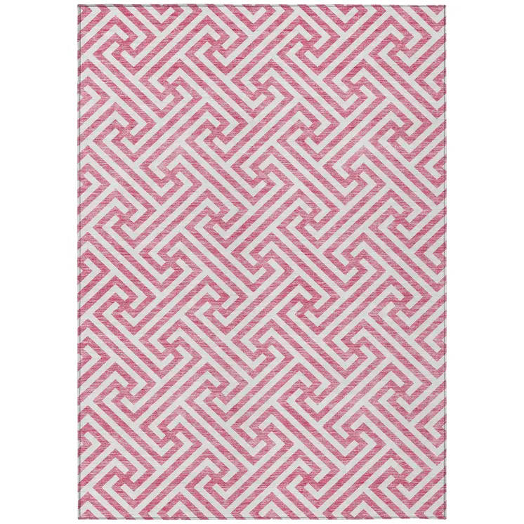 3' X 5' Pink And Ivory Geometric Washable Indoor Outdoor Area Rug