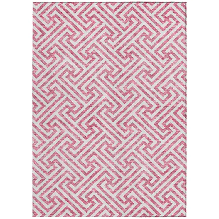 5' X 8' Pink And Ivory Geometric Washable Indoor Outdoor Area Rug