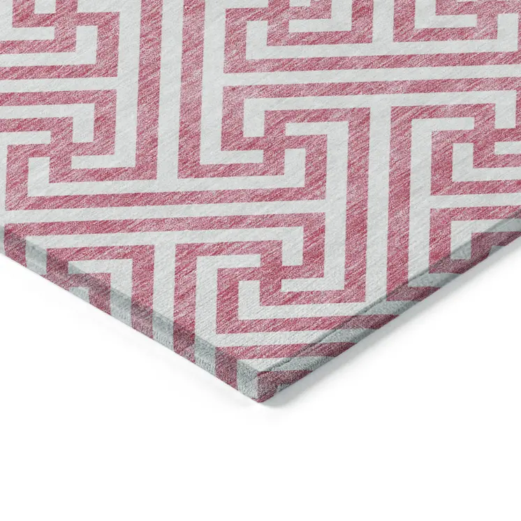 5' X 8' Pink And Ivory Geometric Washable Indoor Outdoor Area Rug