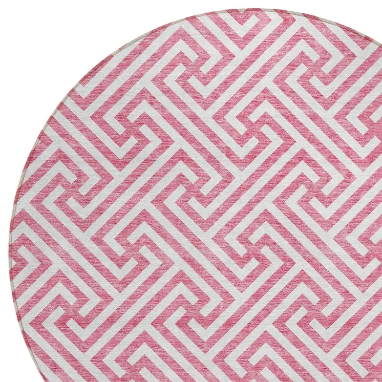 8' Pink And Ivory Round Geometric Washable Indoor Outdoor Area Rug