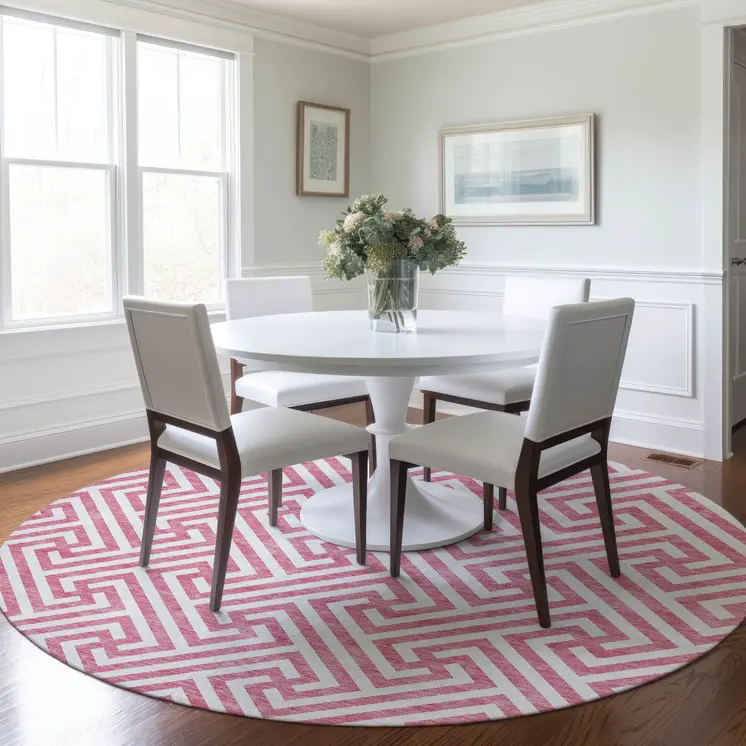 8' Pink And Ivory Round Geometric Washable Indoor Outdoor Area Rug