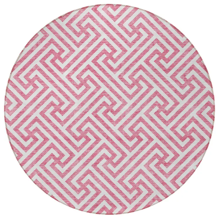 8' Pink And Ivory Round Geometric Washable Indoor Outdoor Area Rug