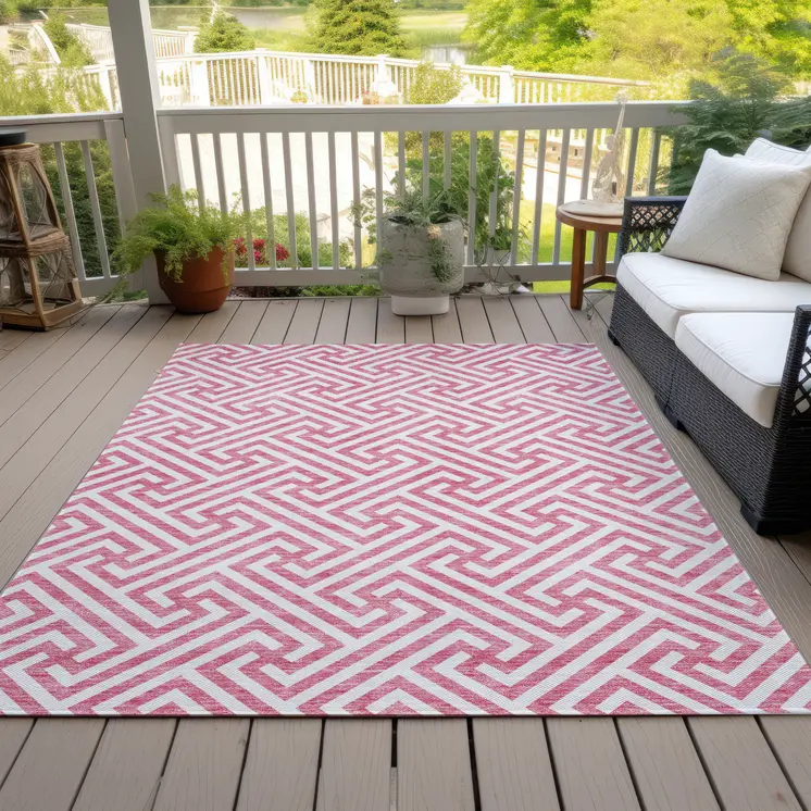 8' X 10' Pink And Ivory Geometric Washable Indoor Outdoor Area Rug