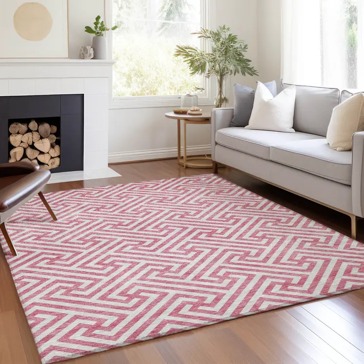 8' X 10' Pink And Ivory Geometric Washable Indoor Outdoor Area Rug