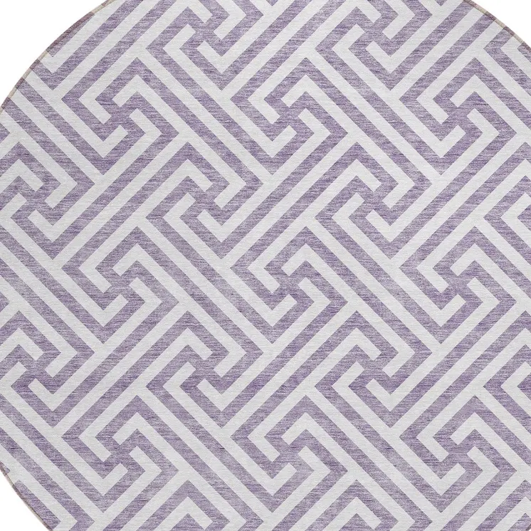 8' Purple And Ivory Round Geometric Washable Indoor Outdoor Area Rug