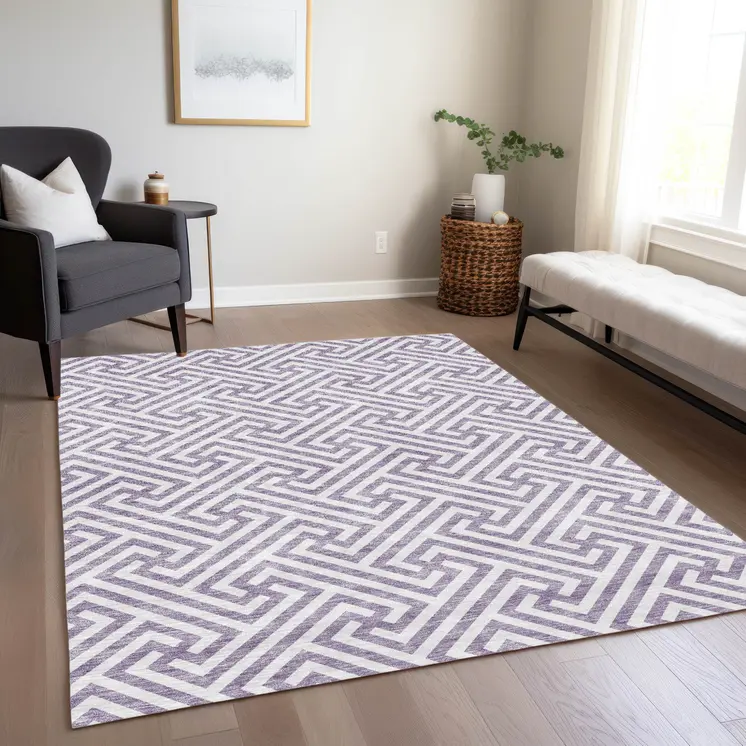 10' X 14' Purple And Ivory Geometric Washable Indoor Outdoor Area Rug