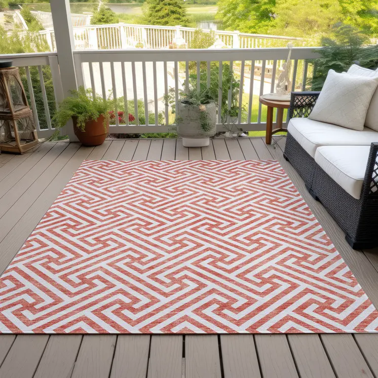 3' X 5' Salmon And Ivory Geometric Washable Indoor Outdoor Area Rug