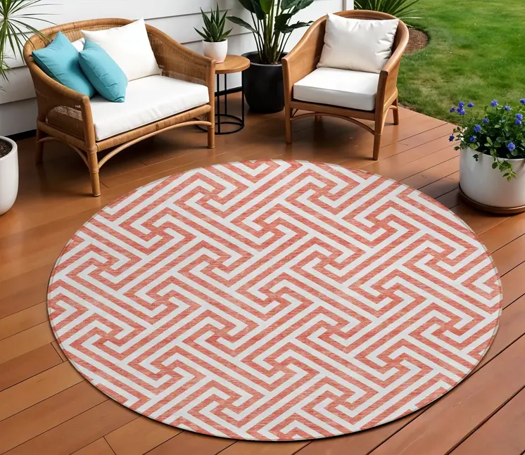 8' Salmon And Ivory Round Geometric Washable Indoor Outdoor Area Rug