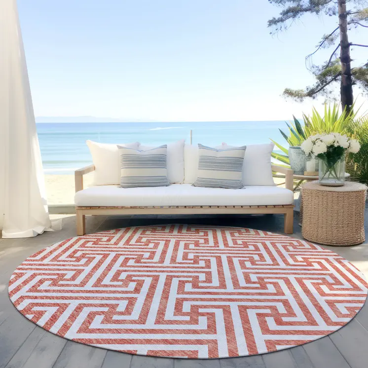 8' Salmon And Ivory Round Geometric Washable Indoor Outdoor Area Rug