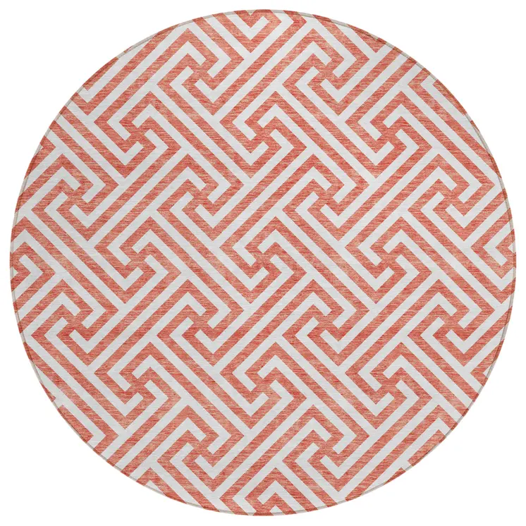 8' Salmon And Ivory Round Geometric Washable Indoor Outdoor Area Rug