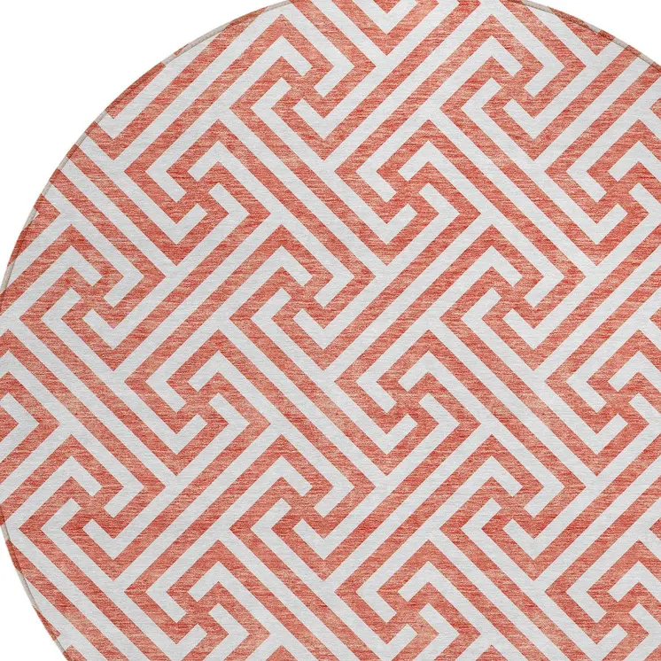 8' Salmon And Ivory Round Geometric Washable Indoor Outdoor Area Rug