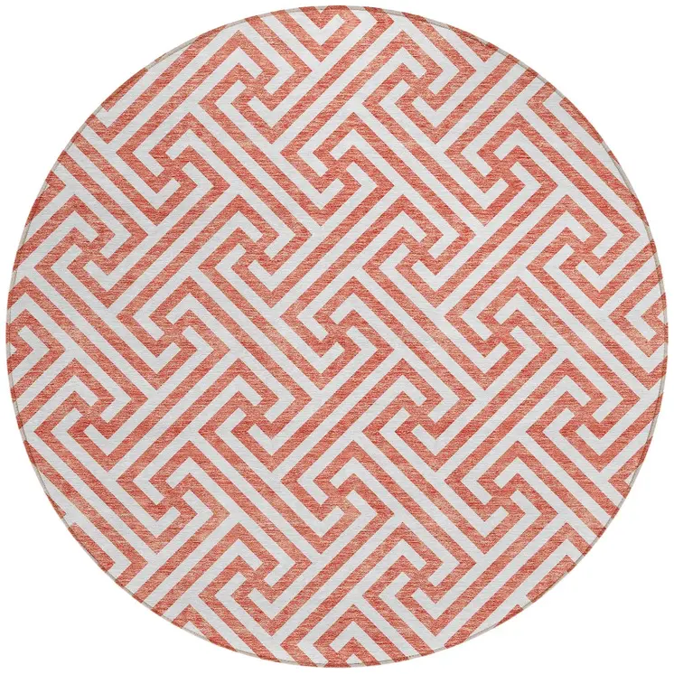 8' Salmon And Ivory Round Geometric Washable Indoor Outdoor Area Rug