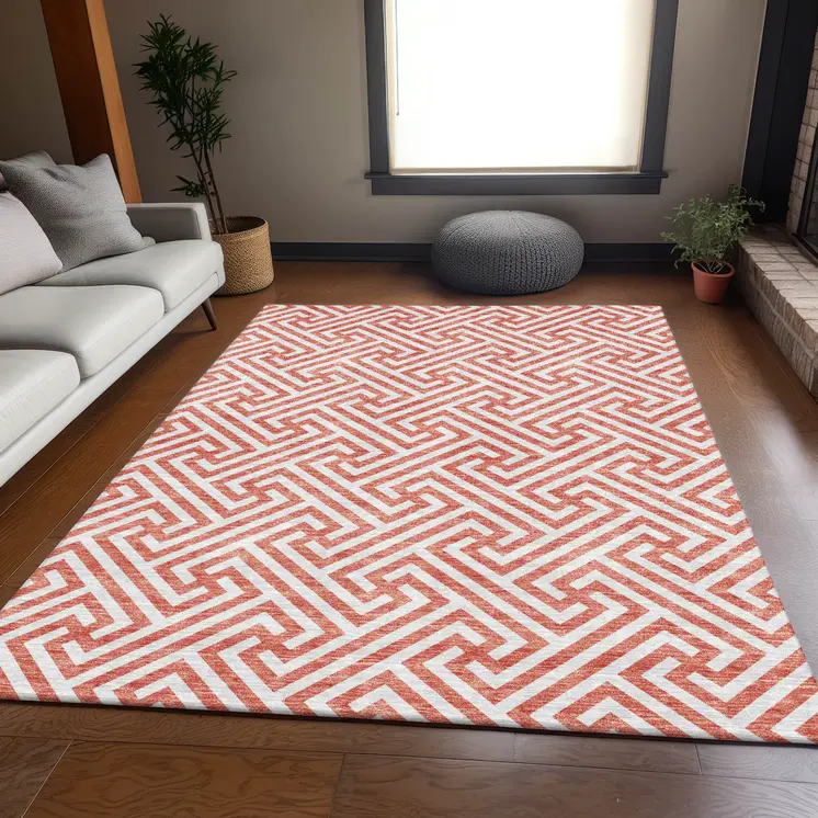 8' X 10' Salmon And Ivory Geometric Washable Indoor Outdoor Area Rug