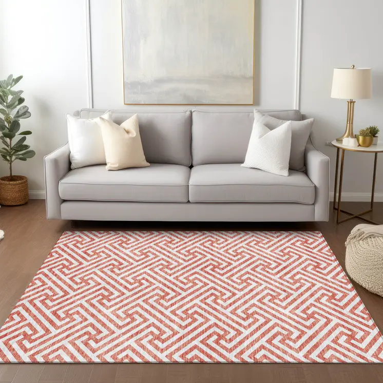 10' X 14' Salmon And Ivory Geometric Washable Indoor Outdoor Area Rug